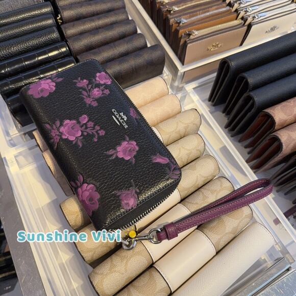 NWT Coach Long Zip Around Wallet With Floral Print CCL36 Black/Purple - Picture 4 of 10